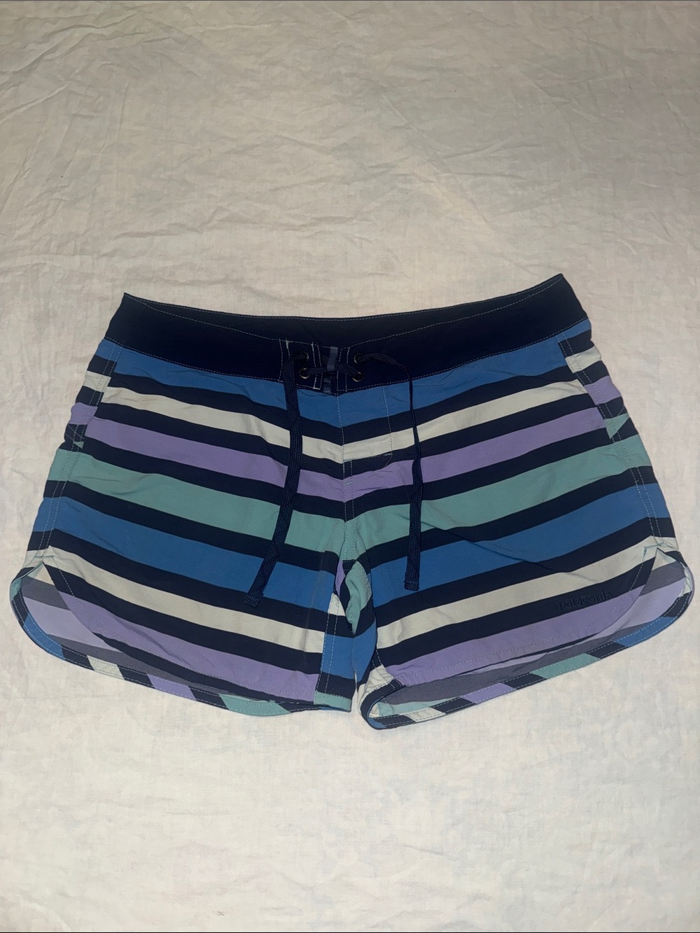 Patagonia Women’s Wavefarer Boardshorts  Size 6 Striped Blue Purple Teal